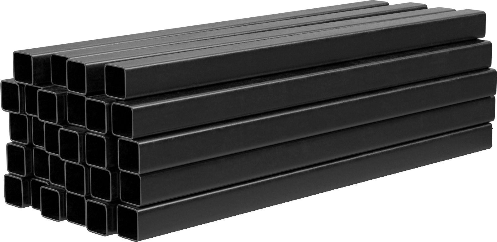 A stack of black metal pipes stacked on top of each other on a white background.