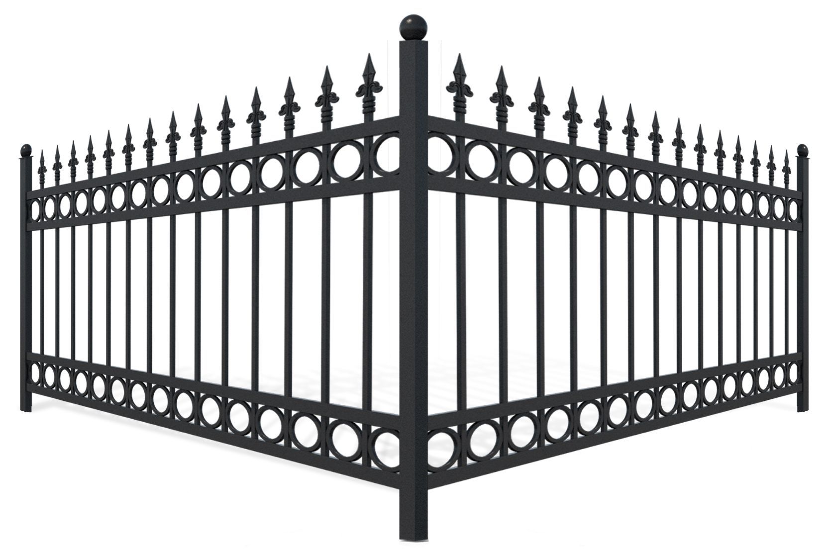 A black wrought iron fence on a white background.