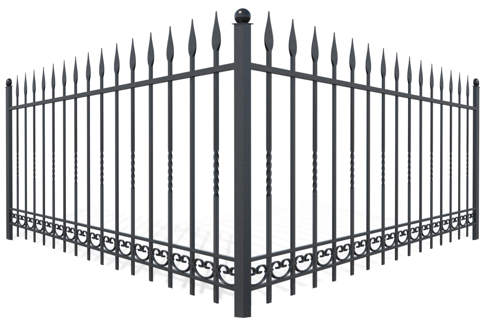 A black wrought iron fence on a white background.