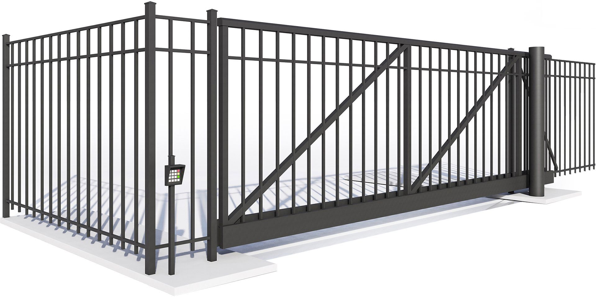 A black metal fence with a sliding gate on a white background.