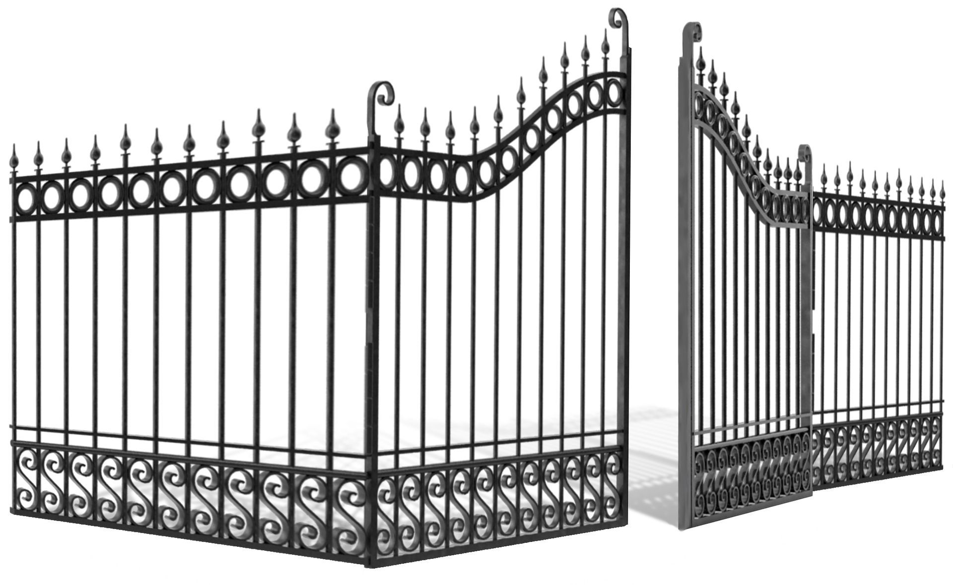 A black wrought iron gate is open and closed on a white background.