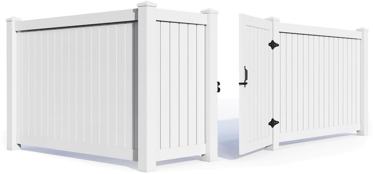 A white fence with a gate attached to it on a white background.