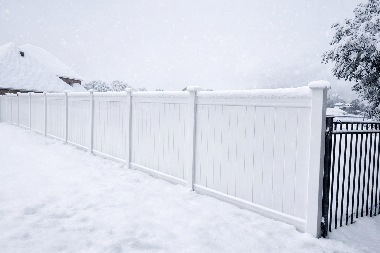 A tall white vinyl privacy fence stands in a snow-covered yard, adjacent to a section of black metal fencing.
