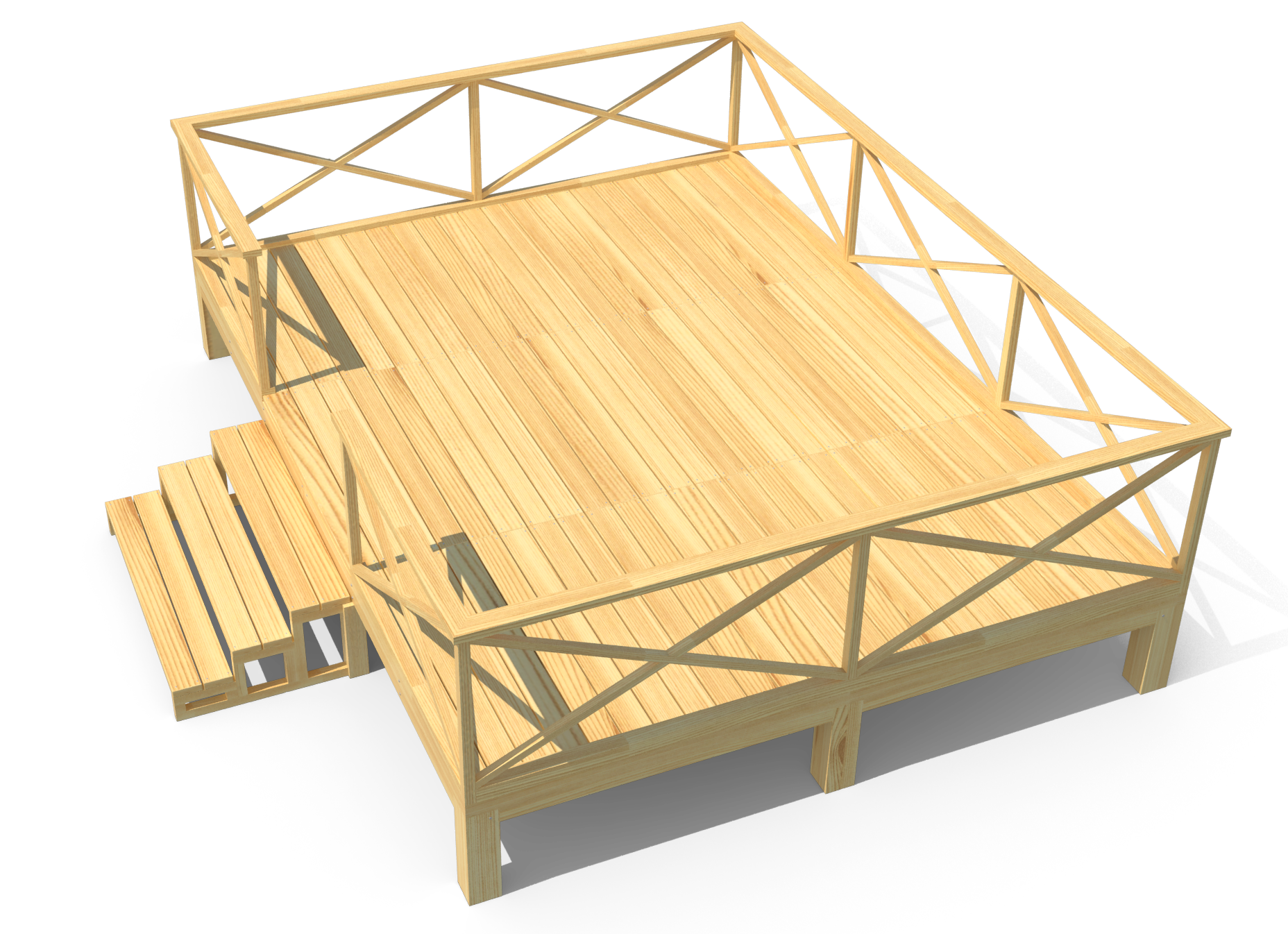 A wooden deck with stairs and a railing on a white background.