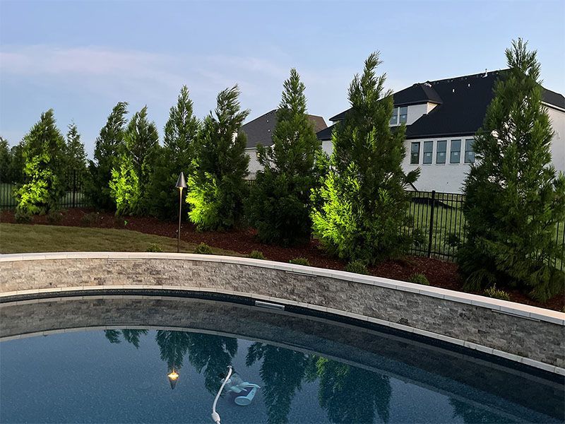 A large swimming pool surrounded by trees and a house in the background.