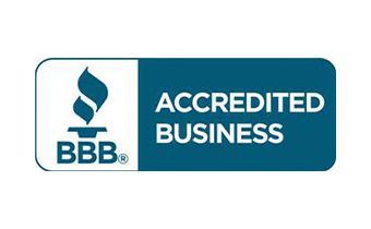 A blue and white accredited business logo on a white background.