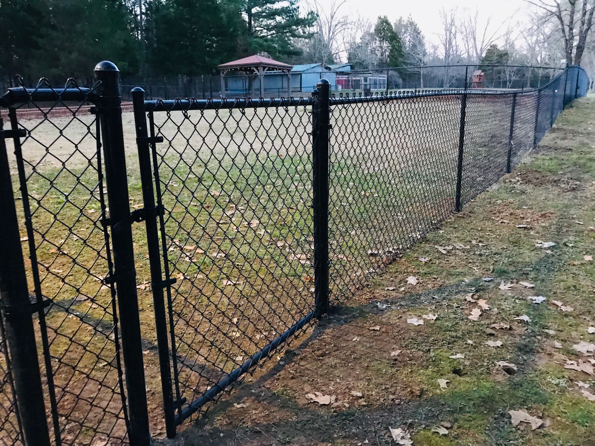 A black chain link fence surrounds a grassy field.