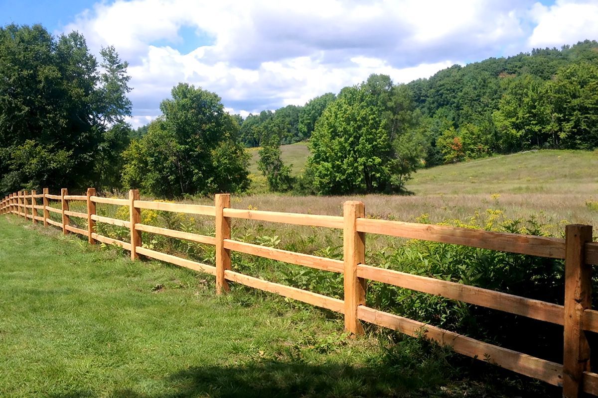 Wooden split-rail fence in a grassy field with trees and a cloudy sky in the background.