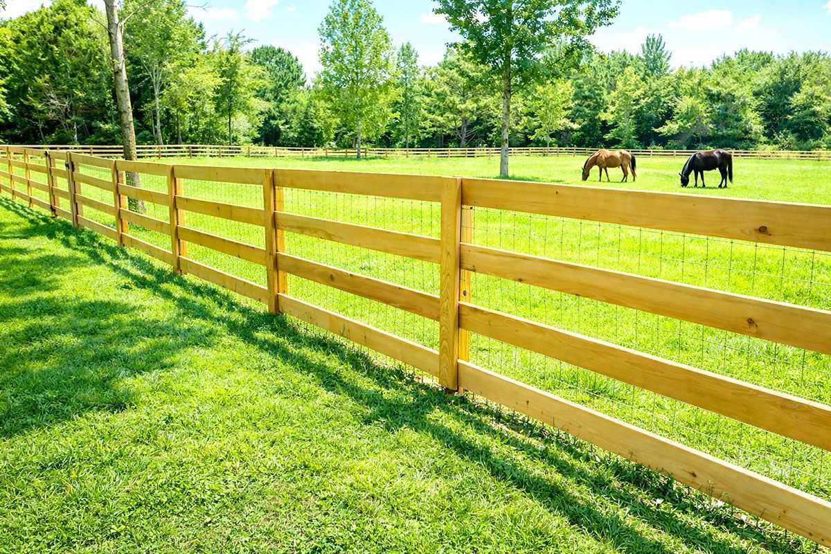 Wooden fence in a green field with two horses grazing; trees in the background.
