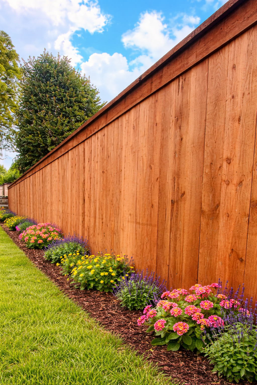 Wooden fence with a flower bed of pink, purple, and yellow flowers, and green grass.