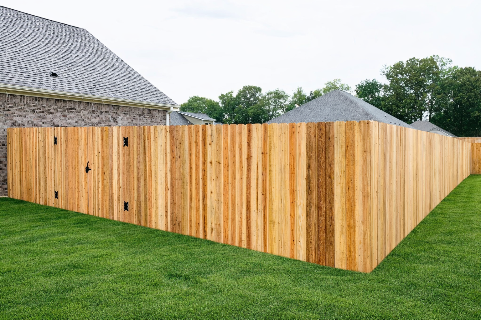 Wooden fence surrounding a grassy yard, partially in front of a brick house with a gray roof.