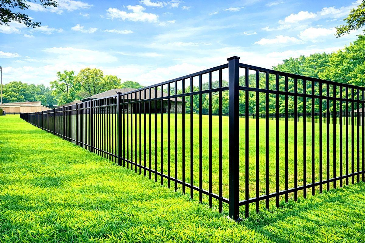 Black metal fence encloses a green lawn on a sunny day.
