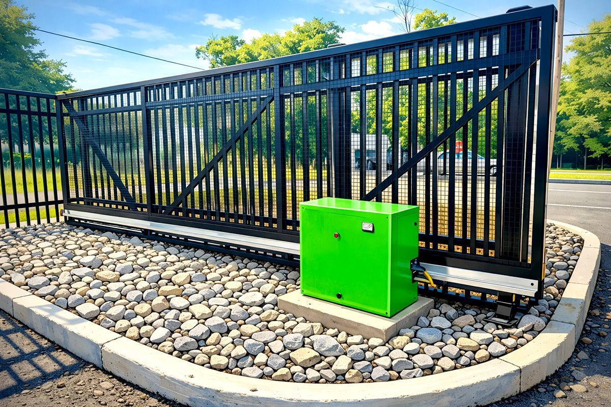 Black metal sliding gate with green control box, gravel base, outdoors.
