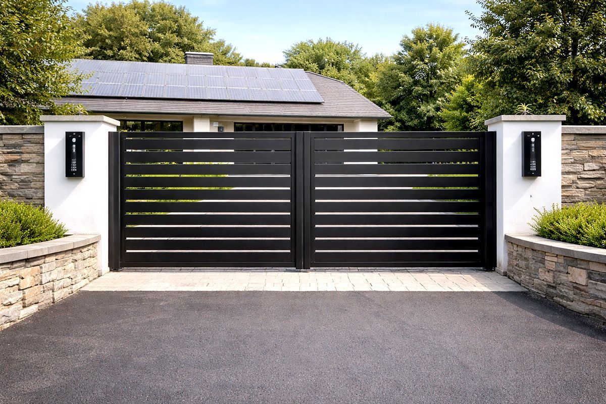 Black horizontal-slat driveway gate in front of a house, flanked by stone walls and pillars with lights.