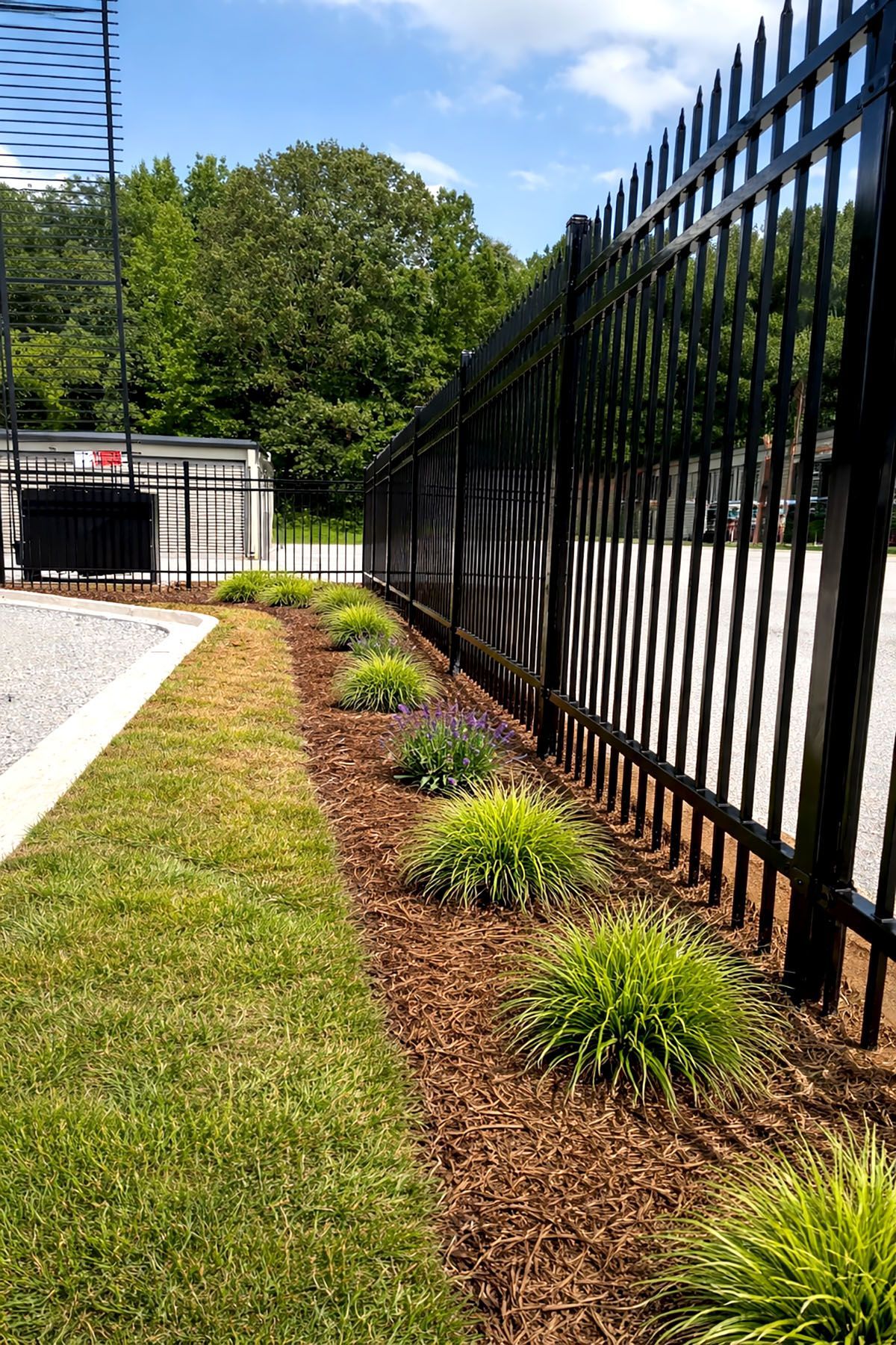 Black metal fence with a bed of mulch and green plants. Green grass and blue sky are visible.