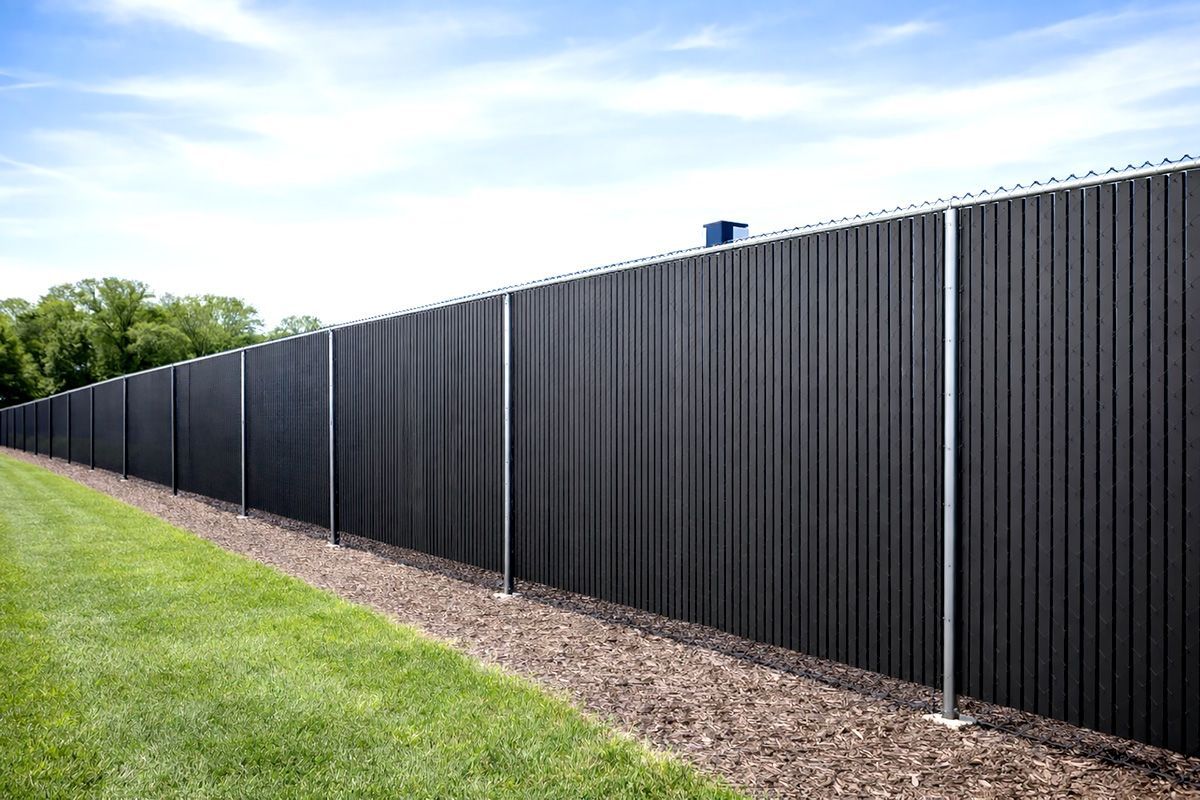 Black vertical plank fence with silver posts against blue sky.