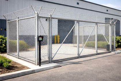 Chain-link fence with barbed wire on top, enclosing a small area. Metal gate and a black control box on a concrete surface.