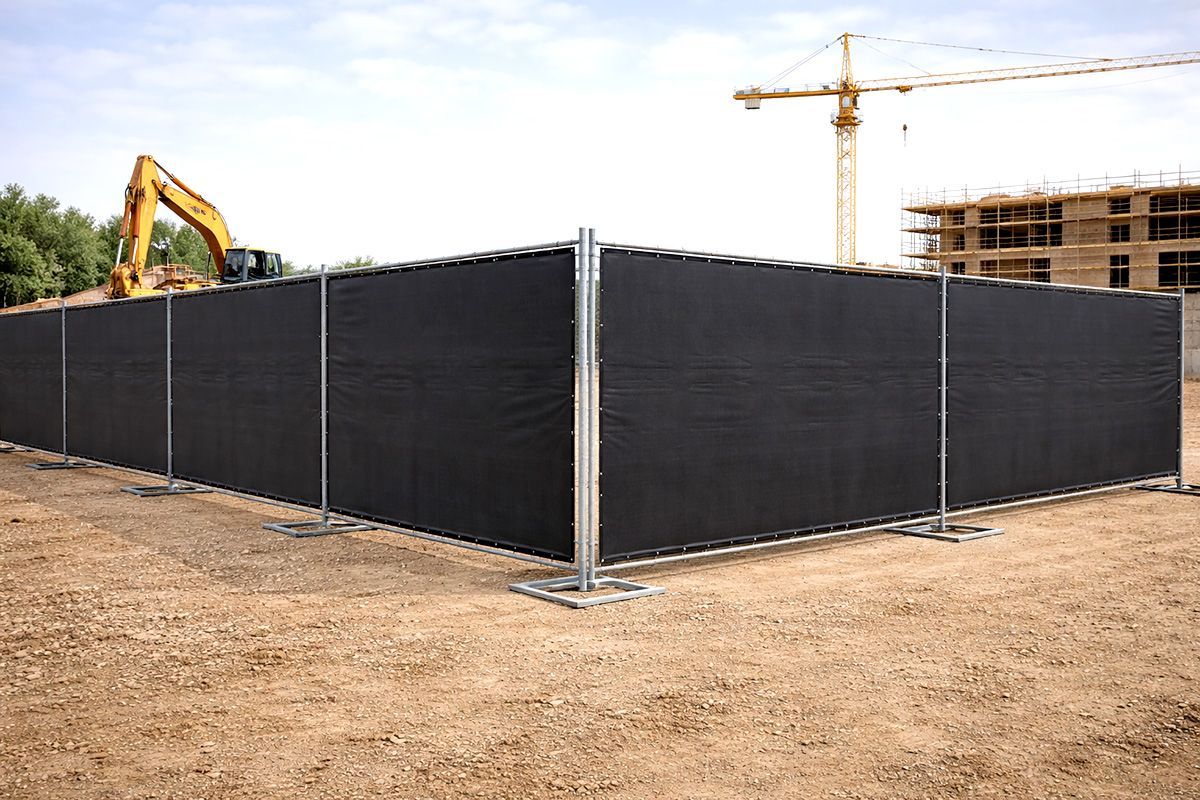 Black privacy fence surrounding a construction site; excavator and crane in the background.