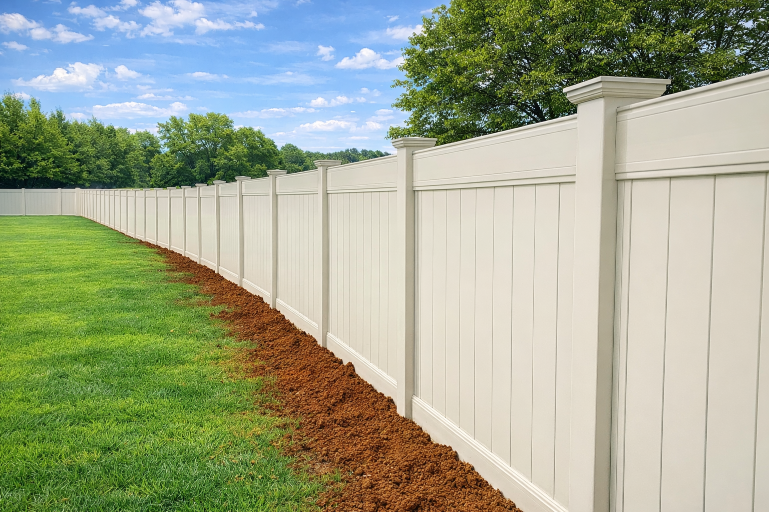 White vinyl fence bordering a green lawn, dirt bed in front, blue sky with trees in the background.