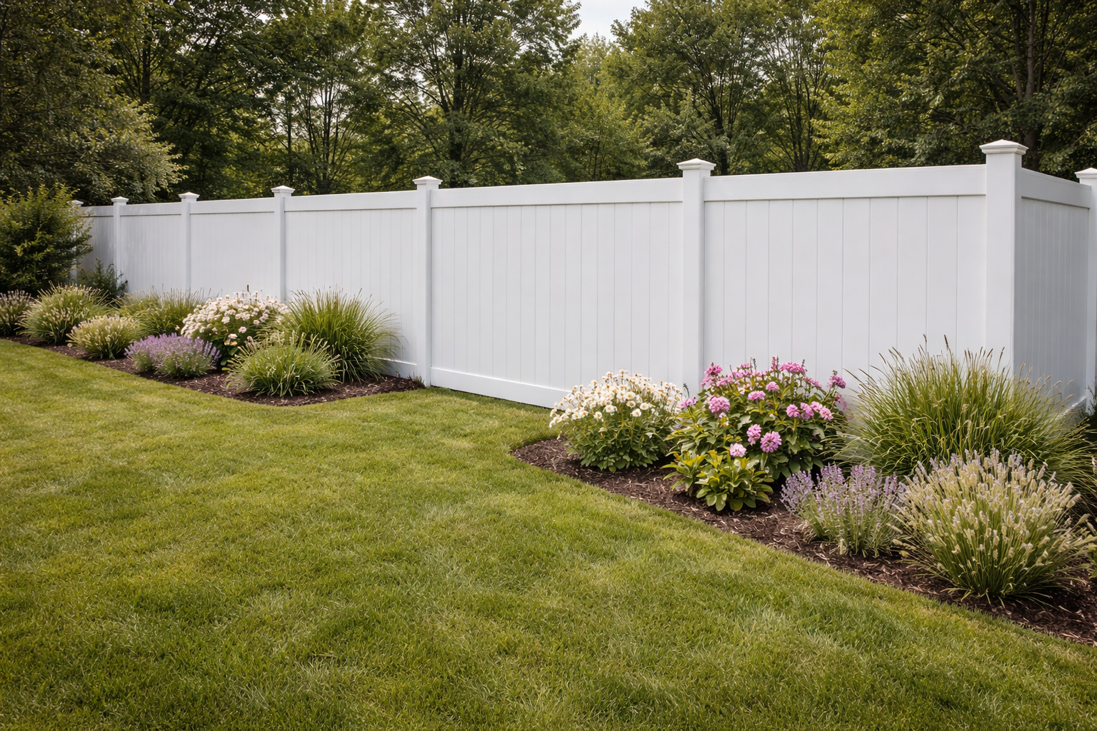 White fence bordering a grassy lawn and flower bed, set against a backdrop of trees.
