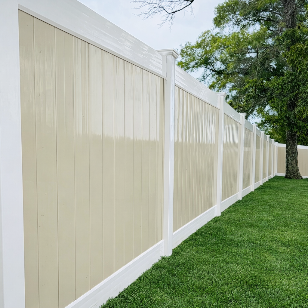Tan and white vinyl fence bordering green lawn, trees in background.