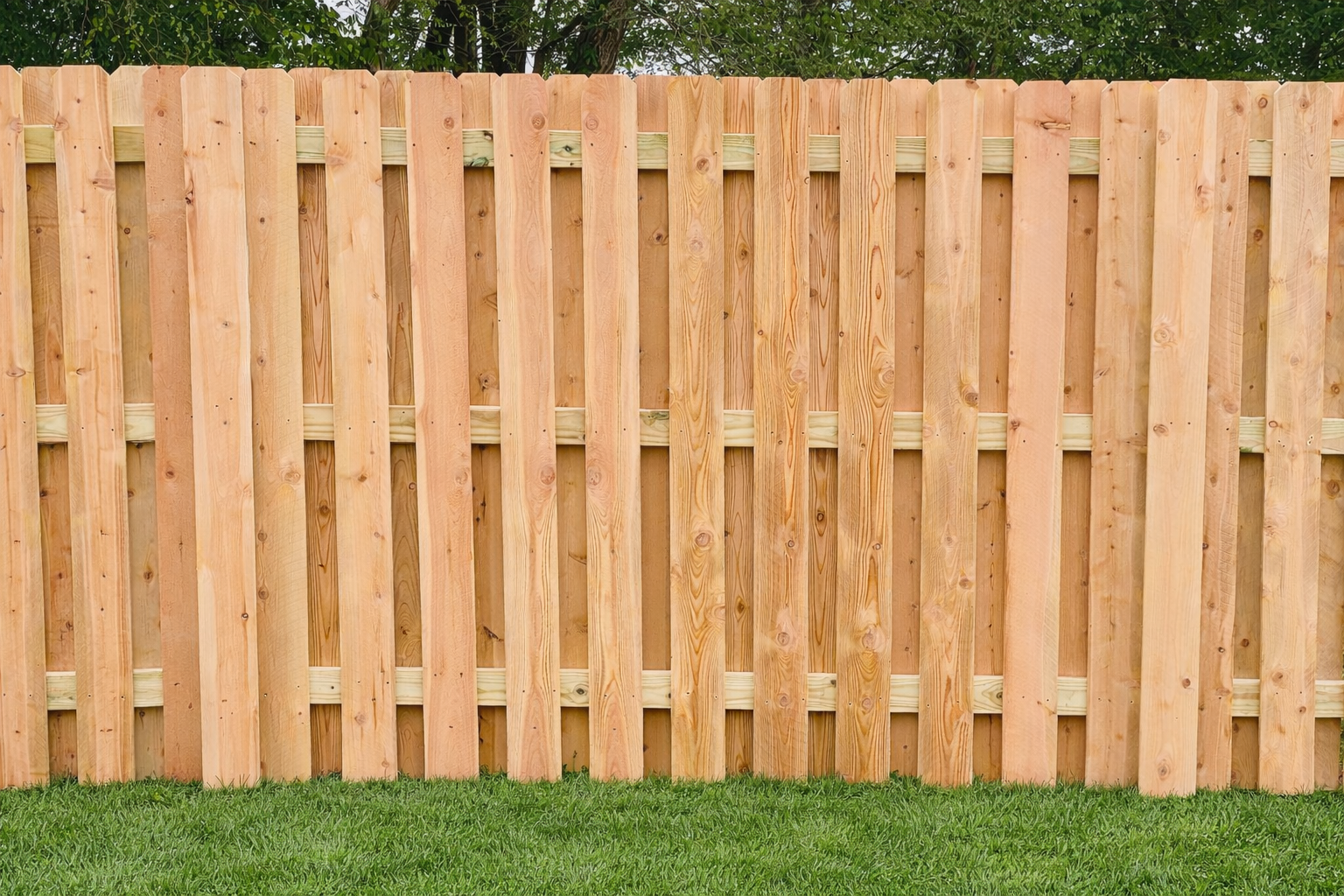 Wooden privacy fence with vertical planks, green grass in foreground.