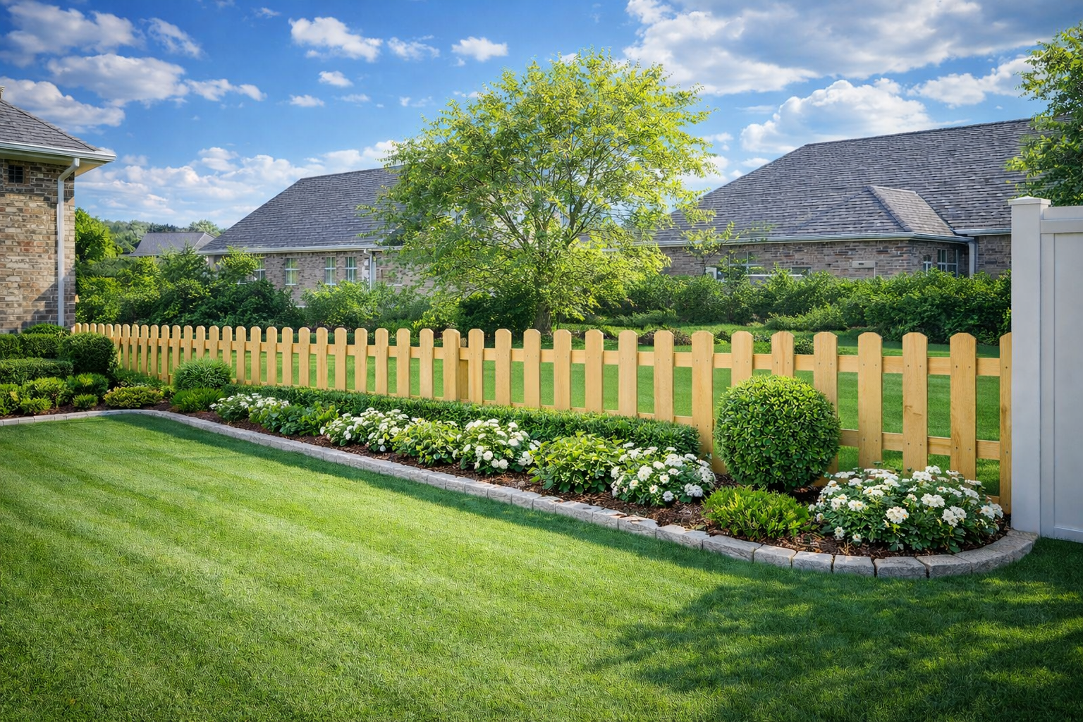 Lush green lawn with a picket fence bordering a flower bed and houses against a blue sky.