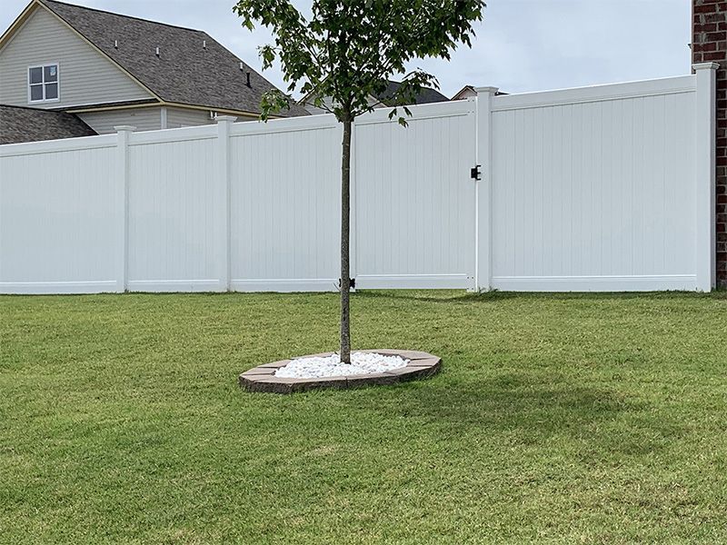 A tree in a yard with a white fence in the background.
