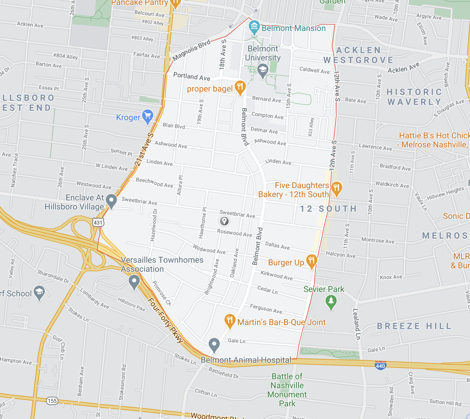 map of Hillsboro Village neighborhood in Nashville Tennessee