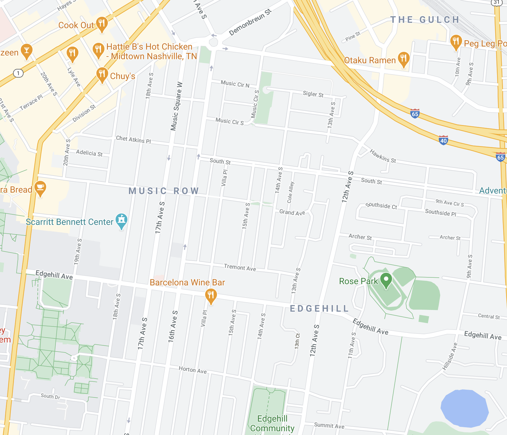 map of Edgehill and Music Row neighborhoods in Nashville Tennessee