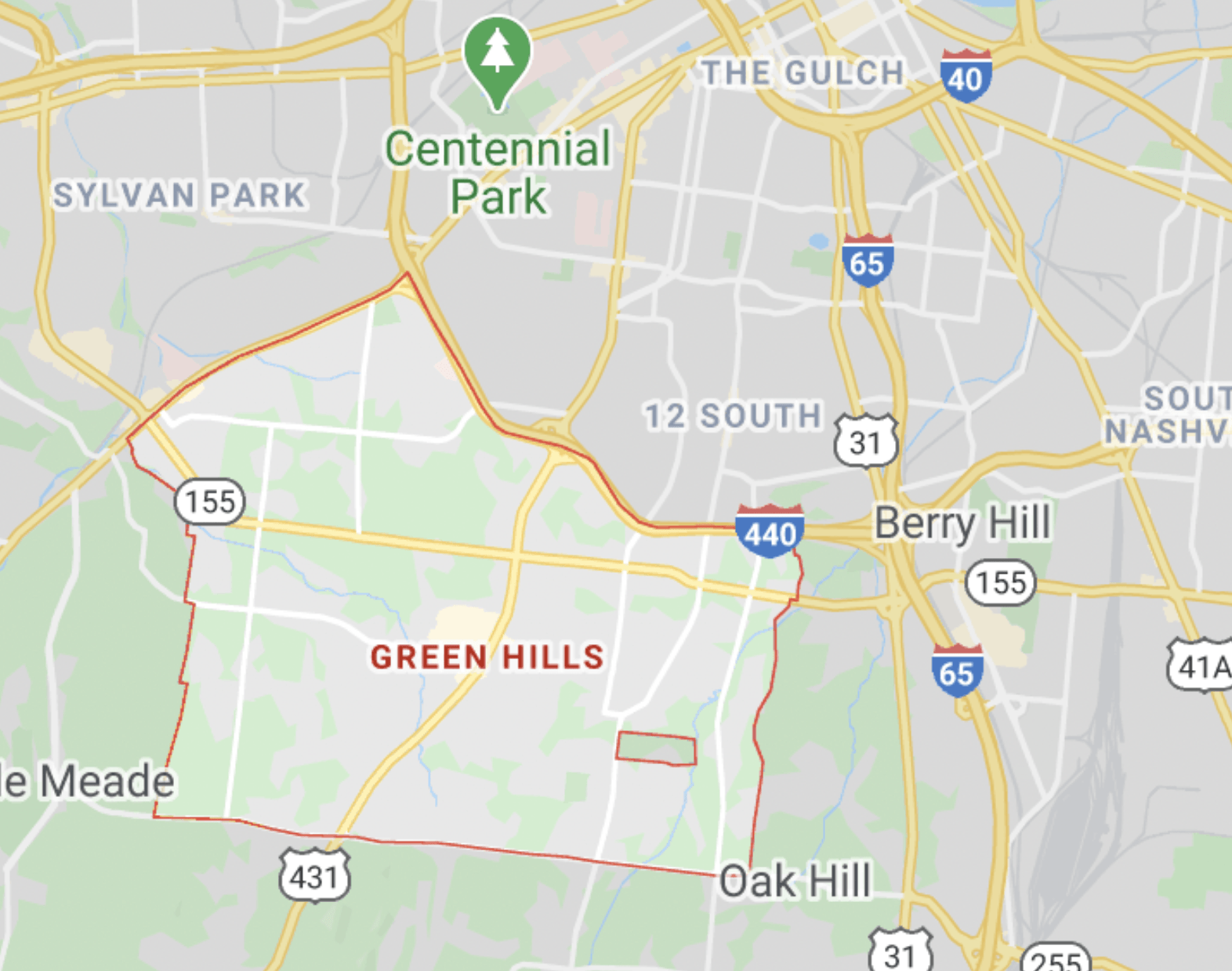 map of Green Hills neighborhood in Nashville Tennessee