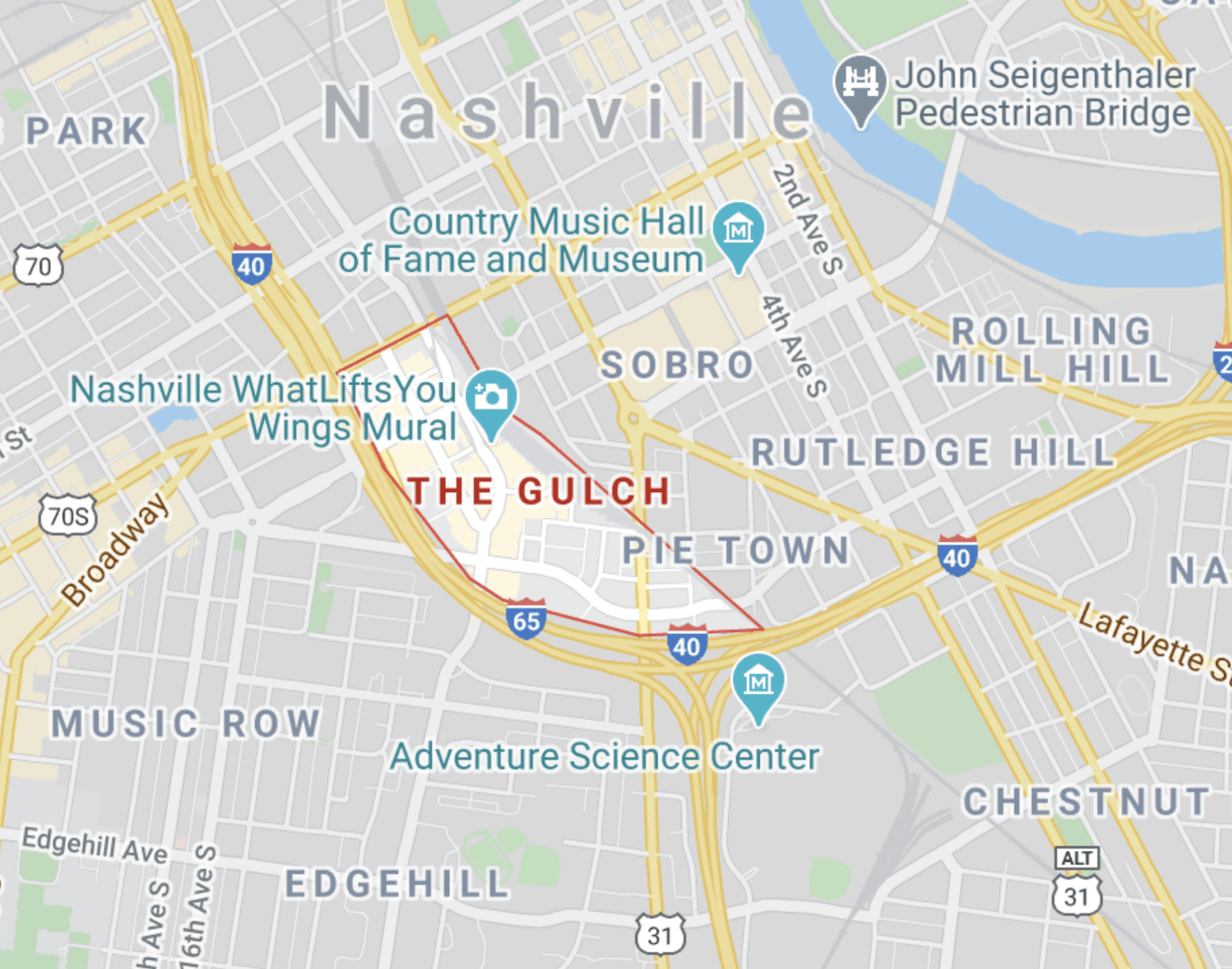 map of The Gulch neighborhood in Nashville Tennessee