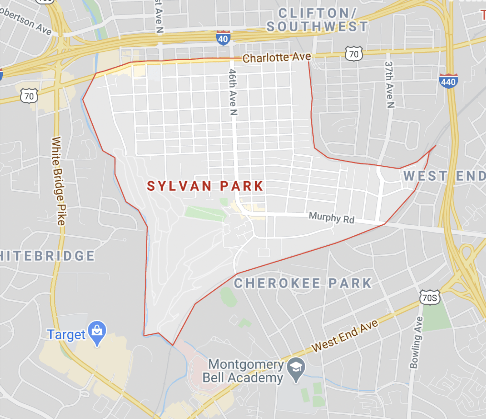 map of the Sylvan Park neighborhood, Nashville Tennessee