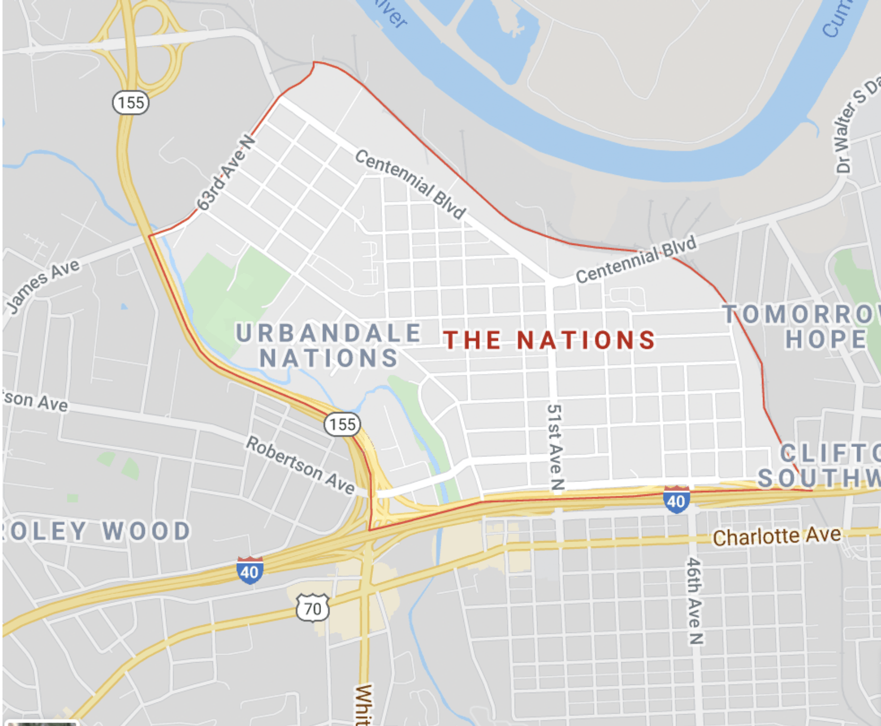 map of The Nations neighborhood, Nashville Tennessee