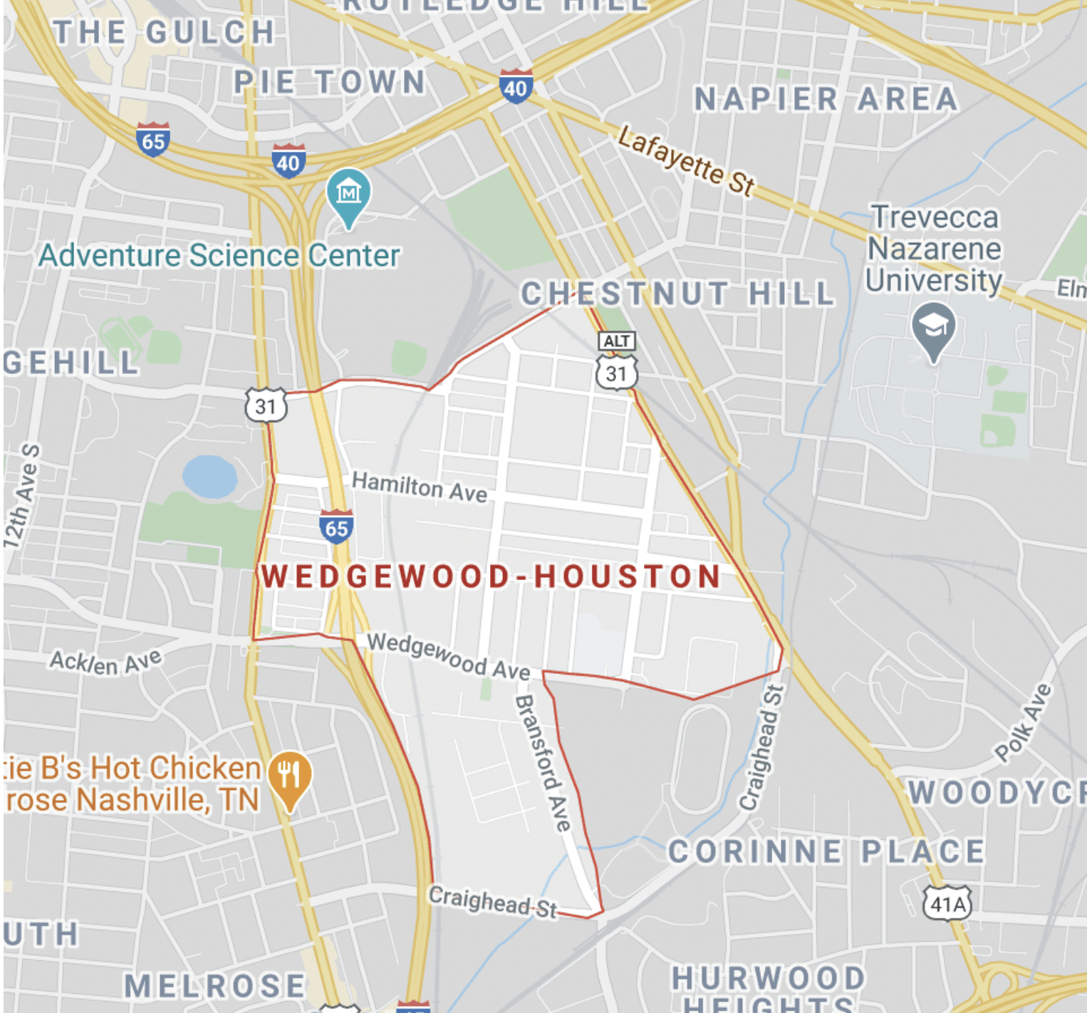 map of the Wedgewood Houston neighborhood, Nashville Tennessee