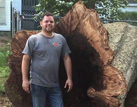 A man is standing next to a large tree stump.
