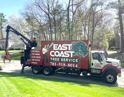 A red east coast tree service truck is parked on the side of the road.