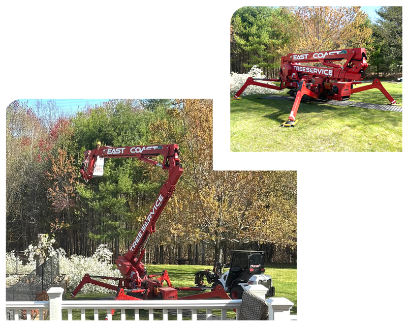 A red crane is sitting on top of a lush green field.