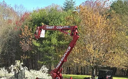 Red boom lift trimming trees at East Coast Tree Service.