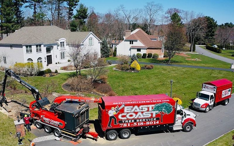 A red and white truck from east coast tree service is parked in a parking lot.