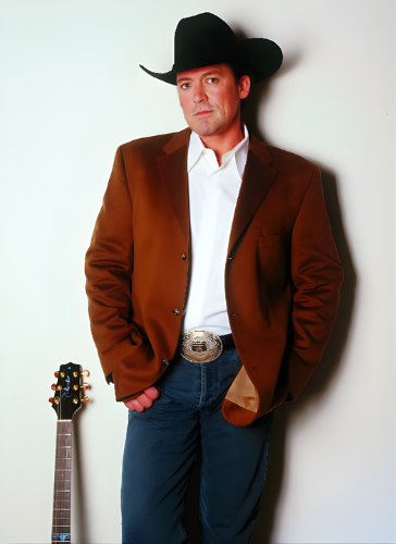 Man in cowboy hat and brown blazer, leaning against a wall, with guitar.