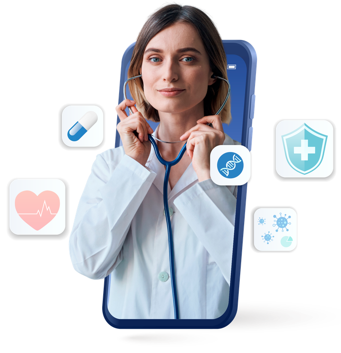 una doctora sostiene un estetoscopio en la pantalla de un teléfono inteligente .