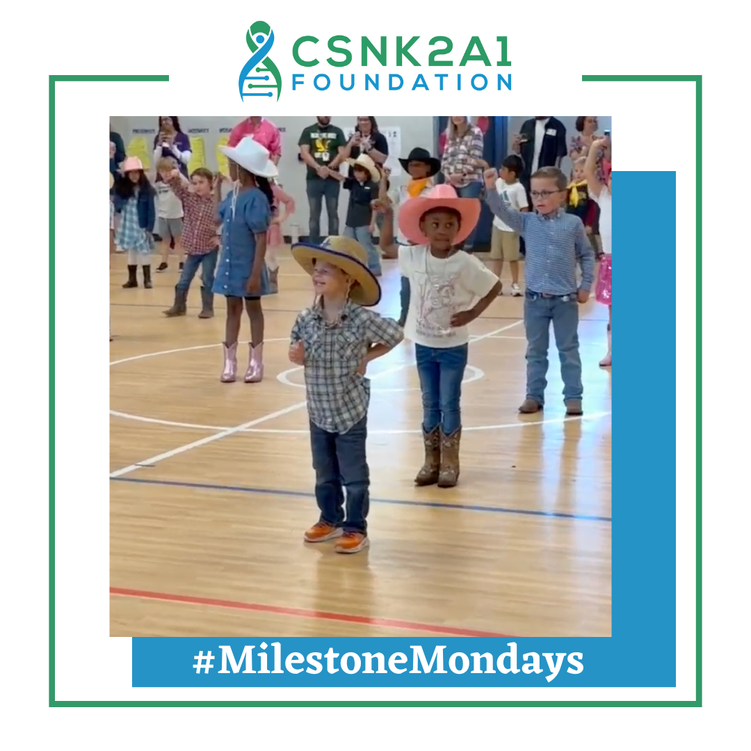 Children wearing cowboy hats dance in a gym with the CSNK2A1 Foundation logo.