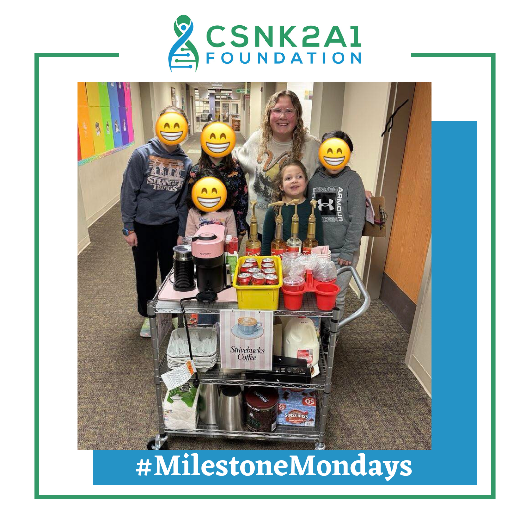 Group of people with cart; smiling, in hallway. Foundation logo top left, hashtag #MilestoneMondays bottom.