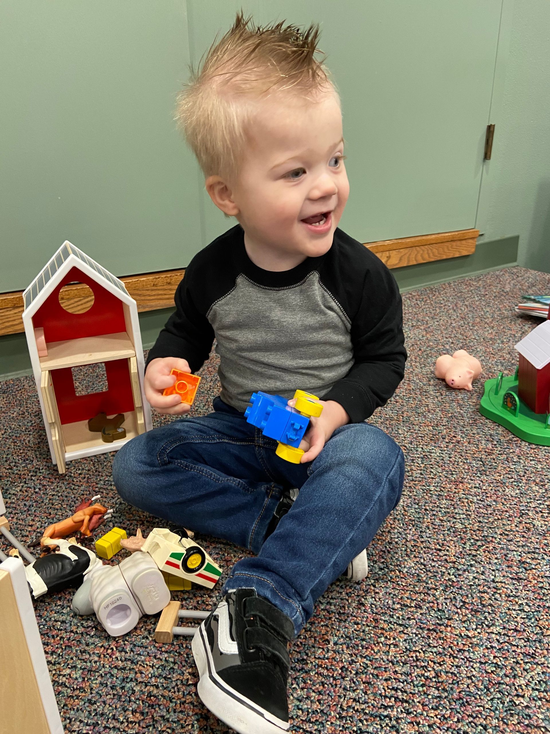 A young boy is sitting on the floor playing with toys.