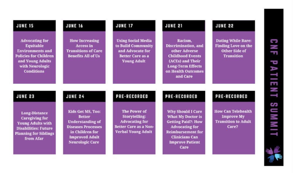 A purple and black brochure with the words cnf patient summary