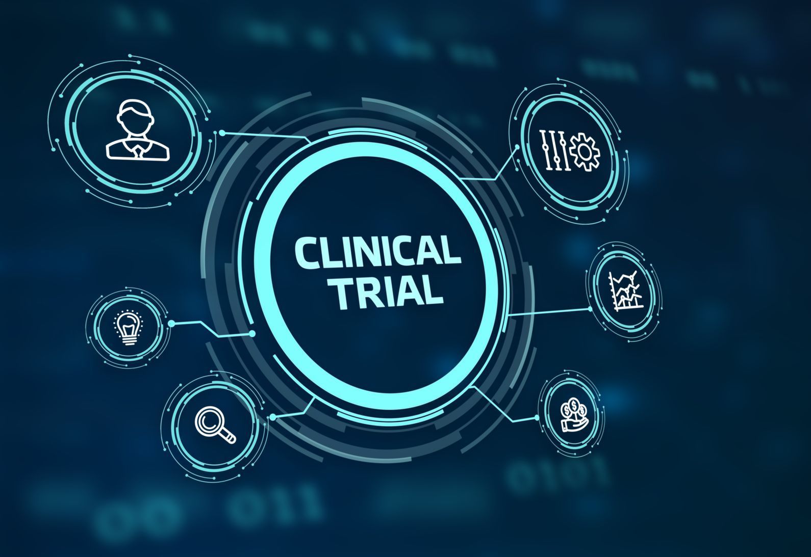 A futuristic screen with the words `` clinical trial '' in a circle surrounded by icons.