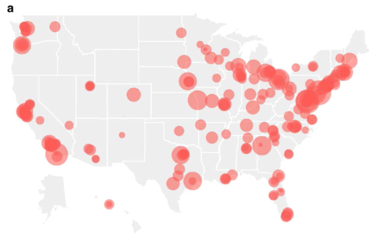 Red circles of varying sizes, overlaid on a map of the United States, likely indicating a data visualization.