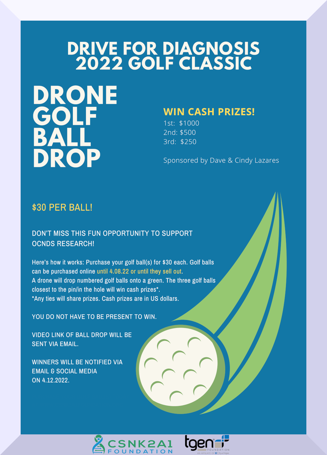 A poster for a drive for diagnosis 2022 golf classic drone golf ball drop