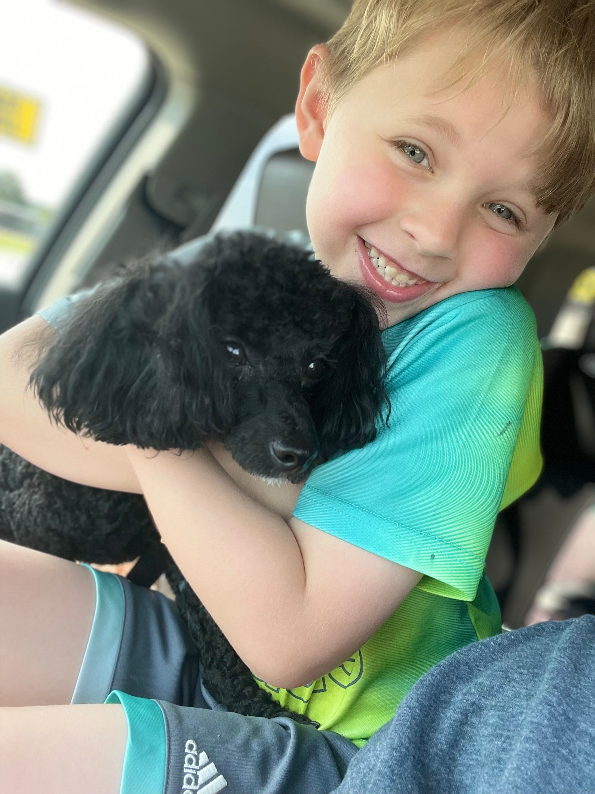 A little boy is holding a black puppy in his arms.